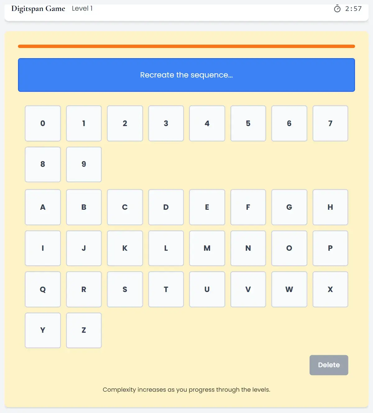 HireVue DigitSpan game example in a practice simulation: after the sequence is shown, a keypad of digits 0-9 and letters A-Z to recreate it