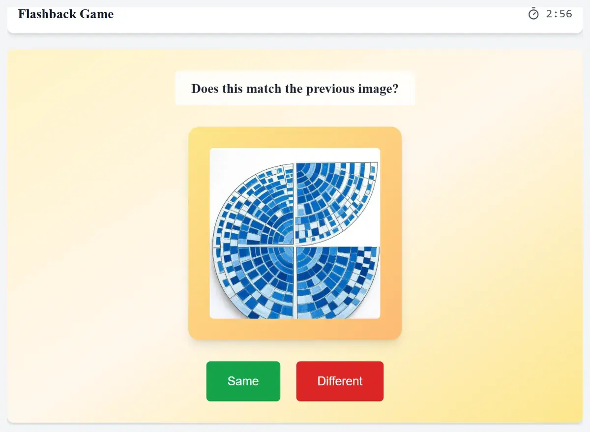 HireVue Flashback game example in a practice simulation: a blue mosaic pattern with Same and Different buttons asking whether it matches the previous image