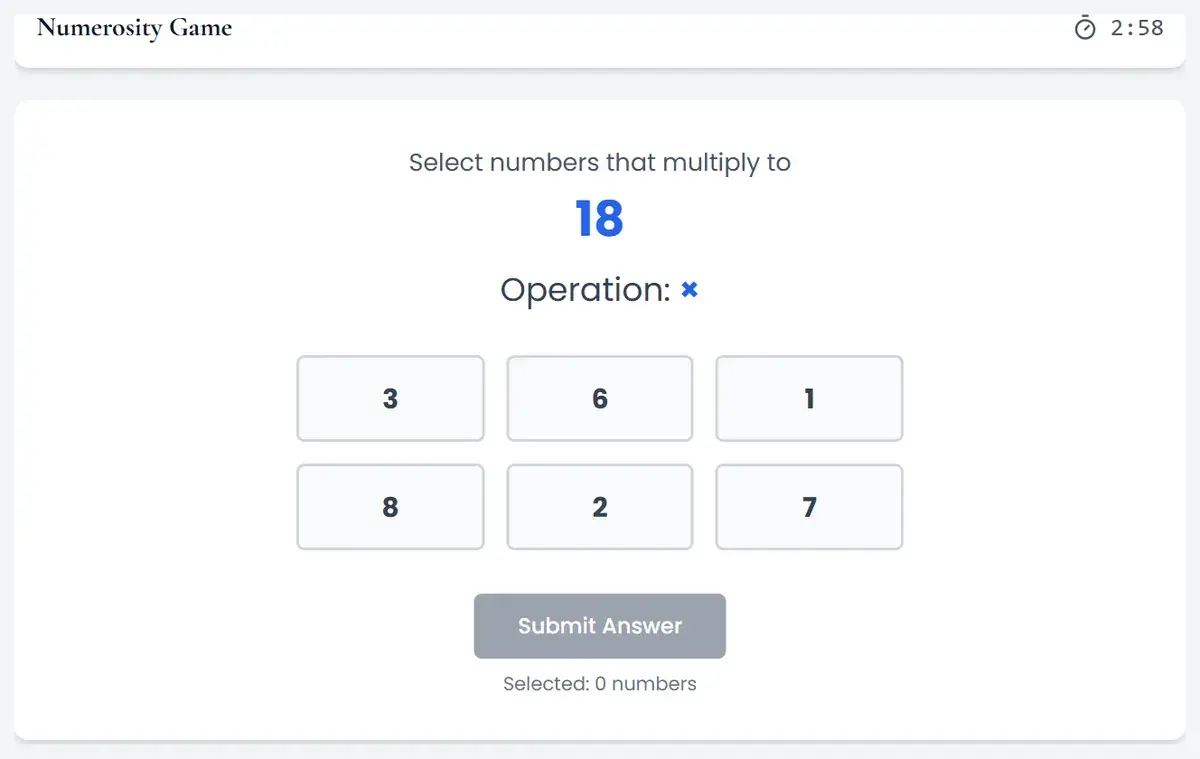 HireVue Numerosity game example in a practice simulation: select numbers that multiply to 18 from six number tiles, with a countdown timer