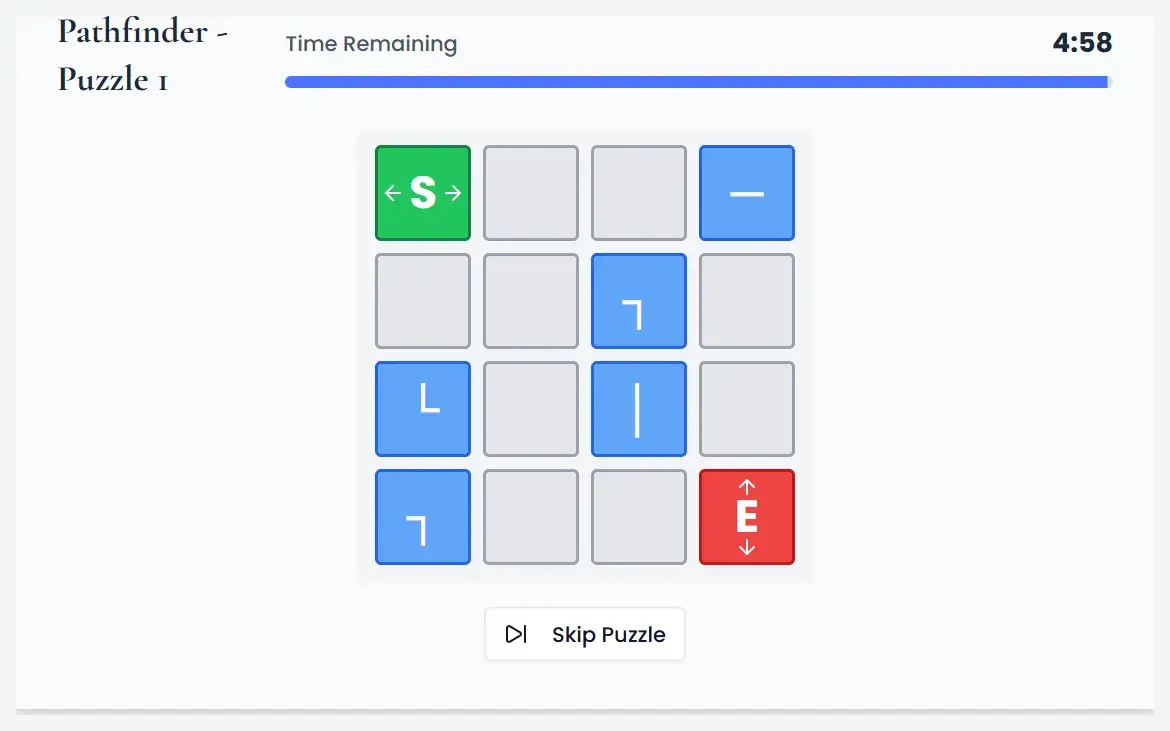 HireVue Pathfinder game example in a practice simulation: a 4 by 4 grid of pipe tiles to connect the start tile S to the end tile E