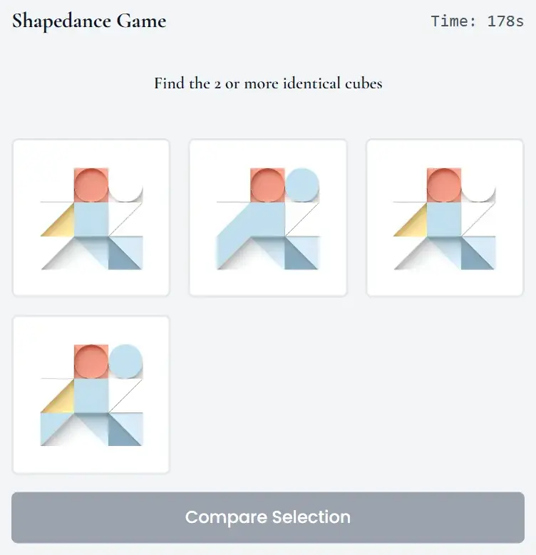 HireVue ShapeDance game example in a practice simulation: four rotated arrangements of coloured shapes with the instruction to find two or more identical cubes