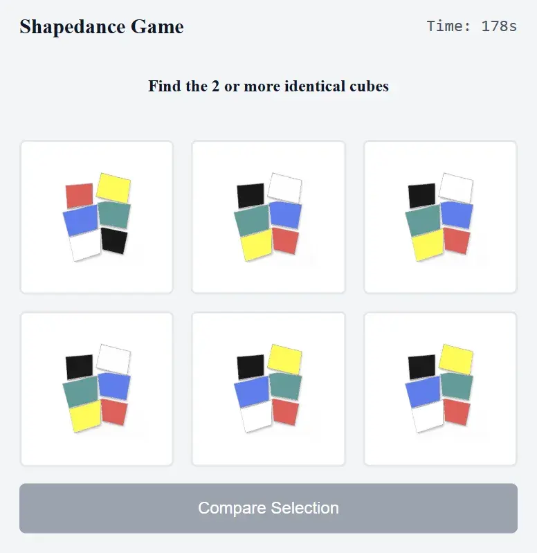 Candidate Falcon ShapeDance practice round: six rotated arrangements of coloured squares with the instruction to find two or more identical cubes