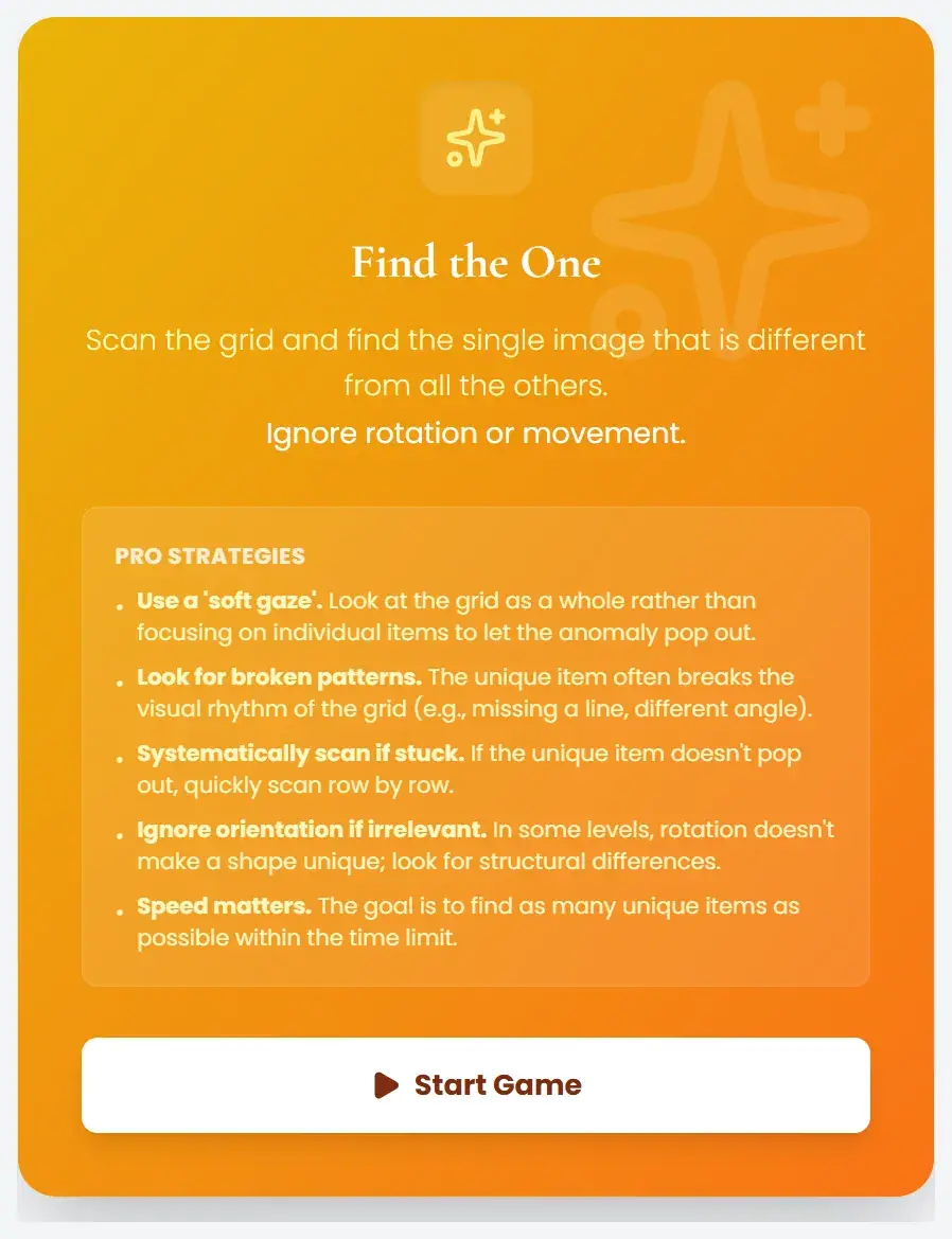 Singularity practice start screen in Candidate Falcon: scan the grid and find the single image that is different