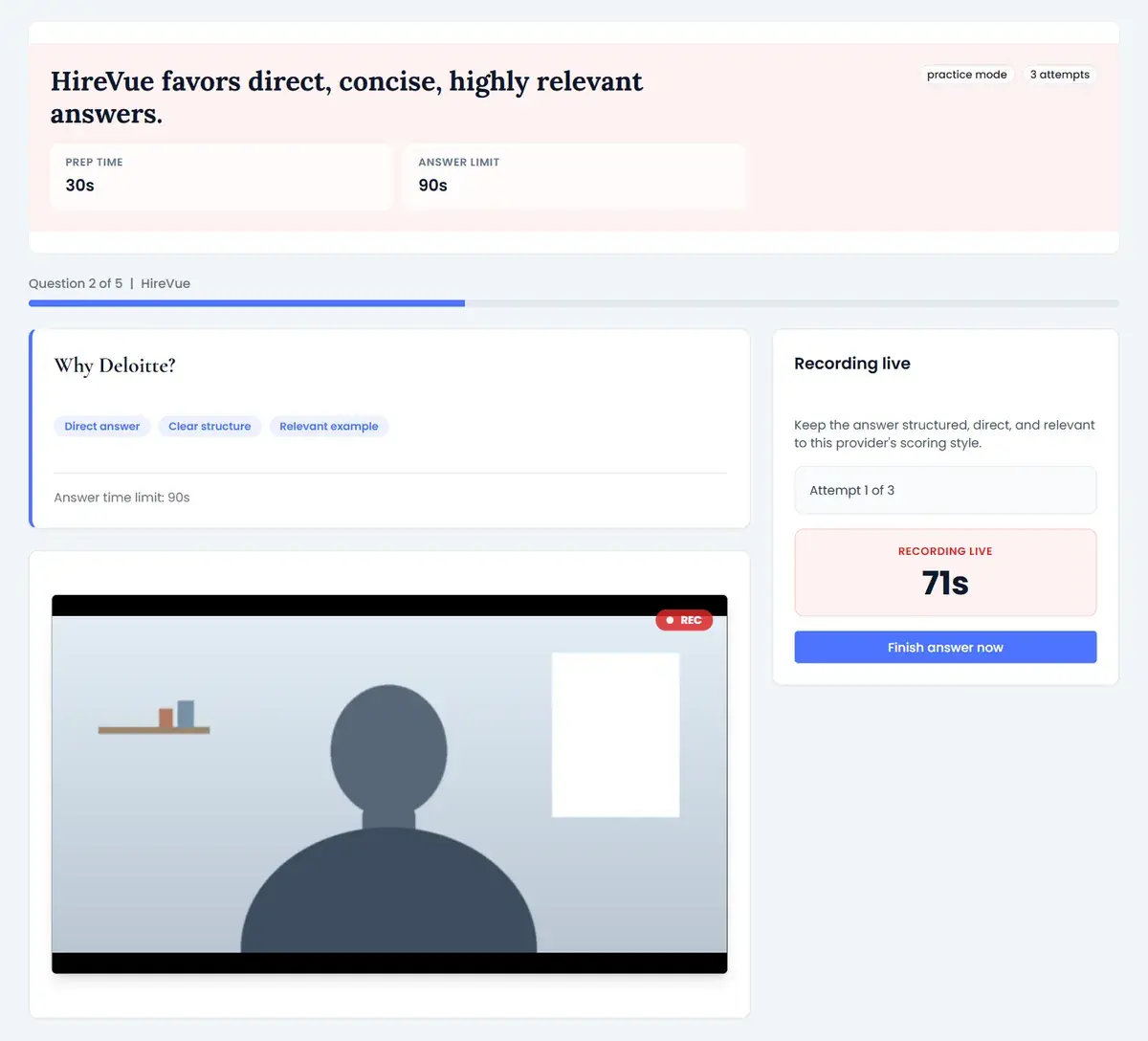 Deloitte HireVue interview practice: the question "Why Deloitte?" in a HireVue-style one-way video simulator, with 71 seconds left to record