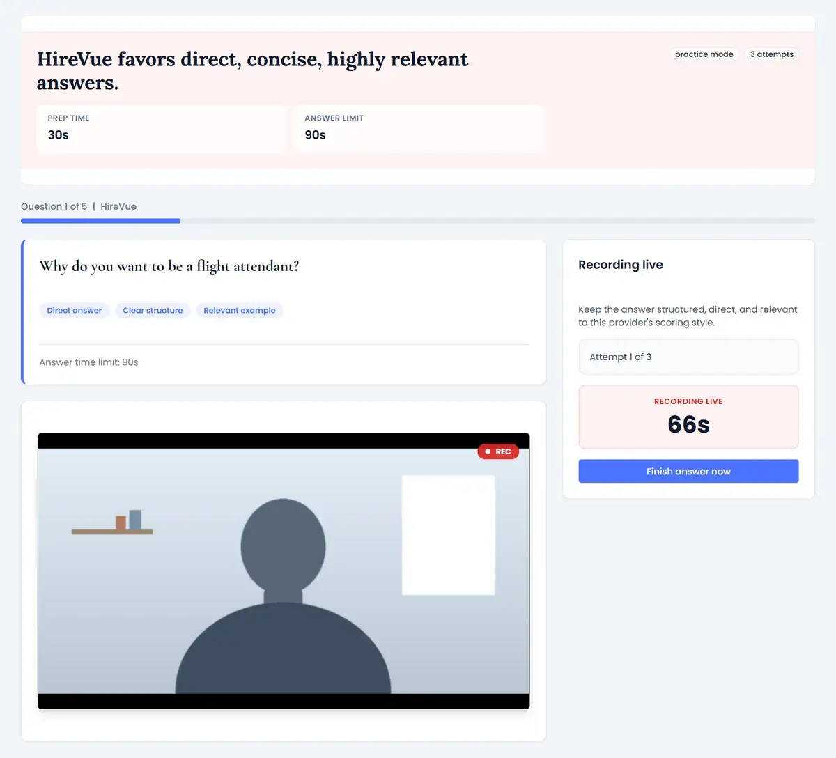 Delta flight attendant HireVue interview practice: the question "Why do you want to be a flight attendant?" in a HireVue-style one-way video simulator, with 66 seconds left to record