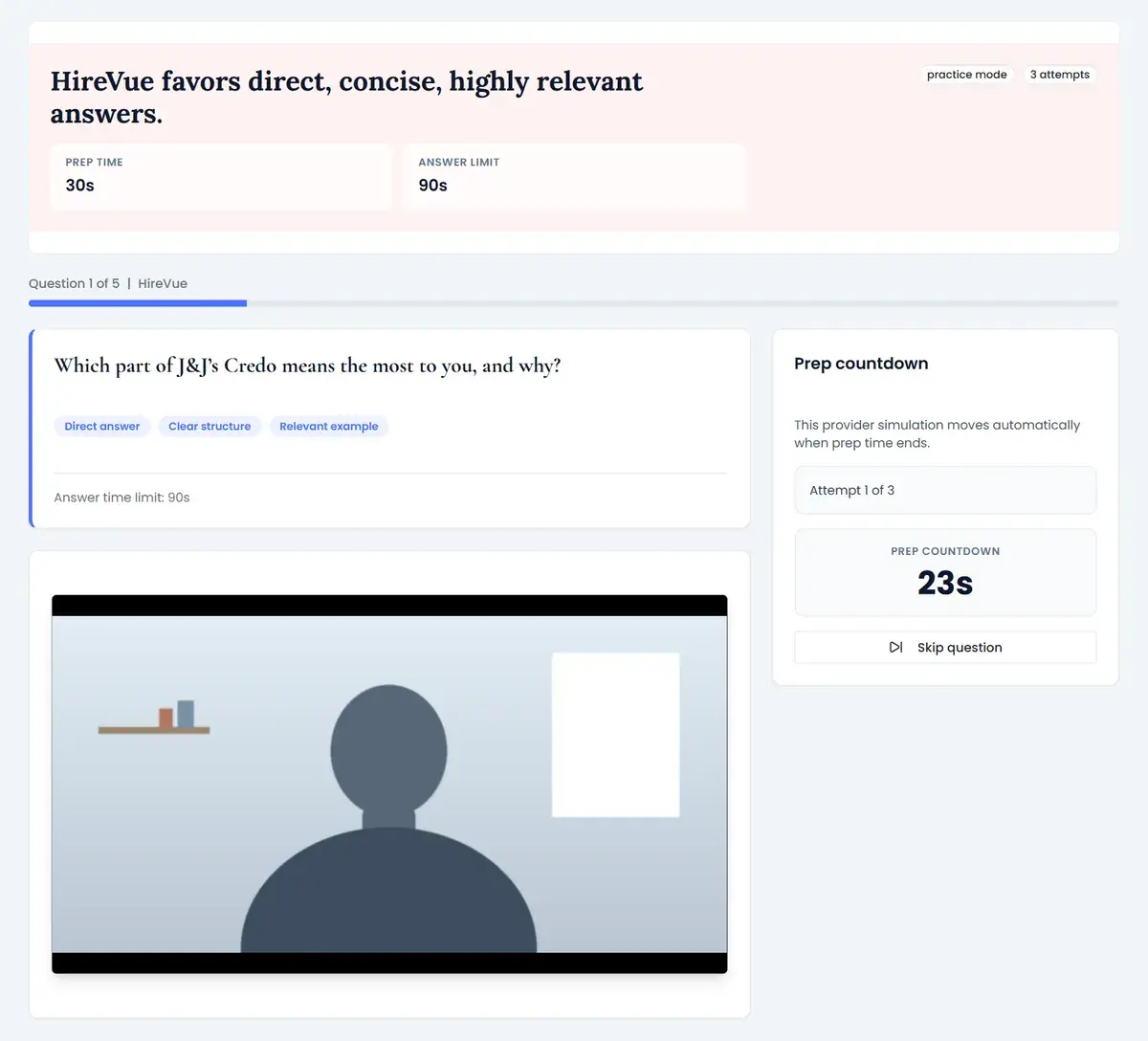 Johnson & Johnson HireVue interview practice: the question "Which part of J&J’s Credo means the most to you, and why?" in a HireVue-style one-way video simulator, with a 23-second prep countdown