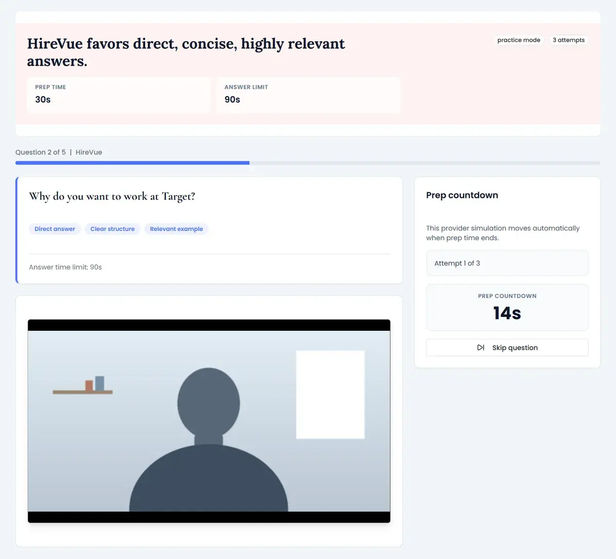 Target HireVue interview practice: the question "Why do you want to work at Target?" in a HireVue-style one-way video simulator, with a 14-second prep countdown